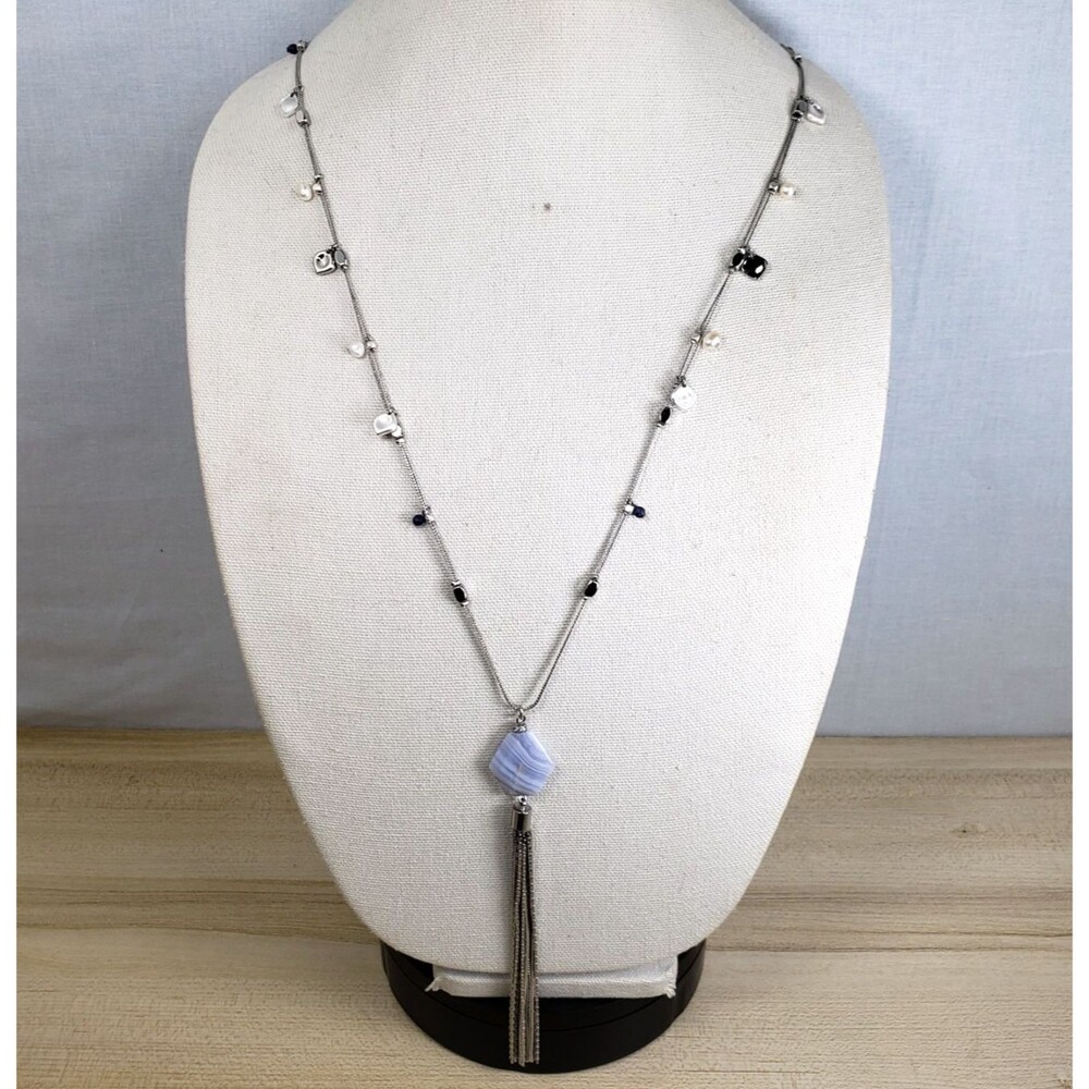 Vtg WHBM Freshwater Squash Pearl Blue Marble Agate Y Style Tassel 32" Necklace